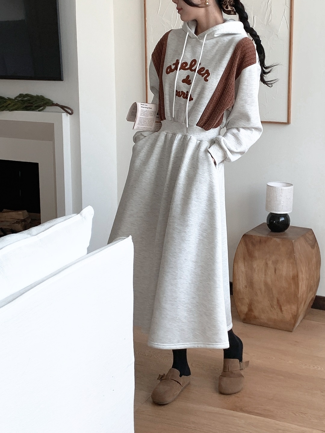 裏起毛フードフレアAライン刺繍配色ワンピース | 詳細画像3