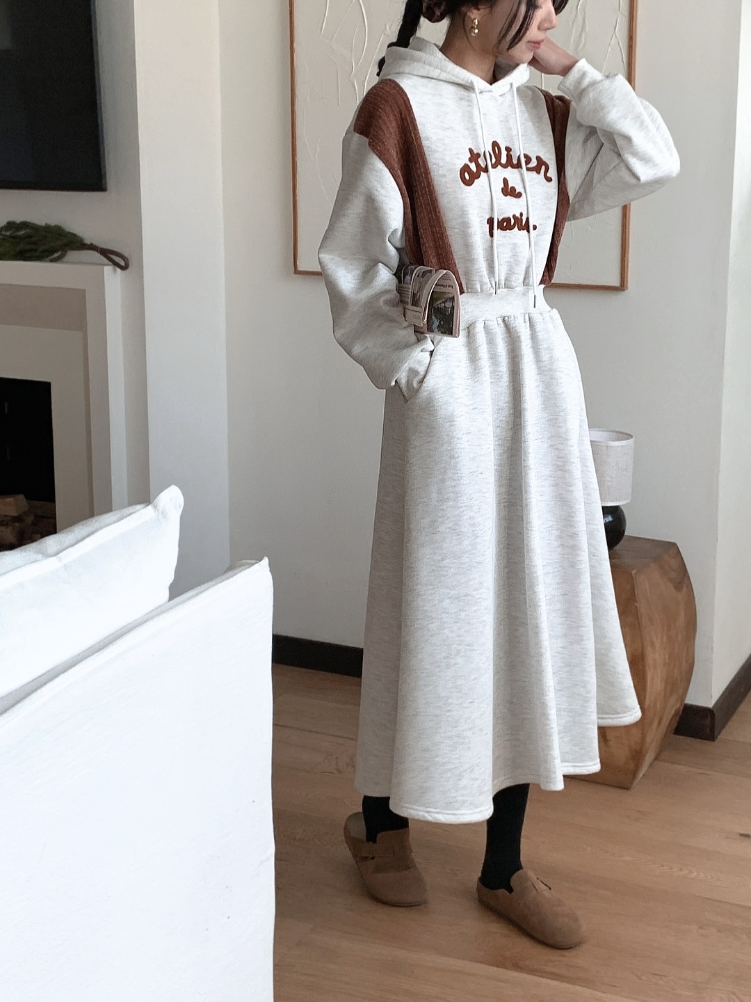 裏起毛フードフレアAライン刺繍配色ワンピース | 詳細画像4