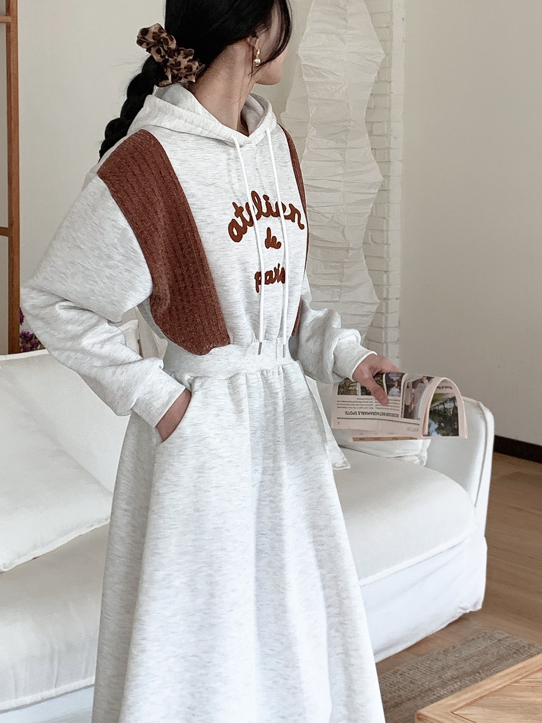 裏起毛フードフレアAライン刺繍配色ワンピース | 詳細画像7