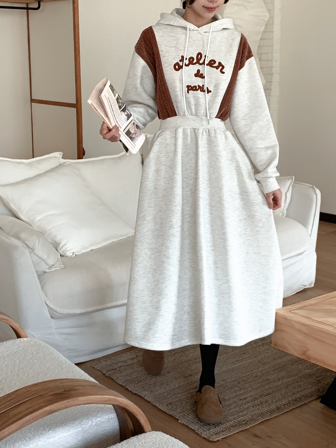 裏起毛フードフレアAライン刺繍配色ワンピース | 詳細画像8