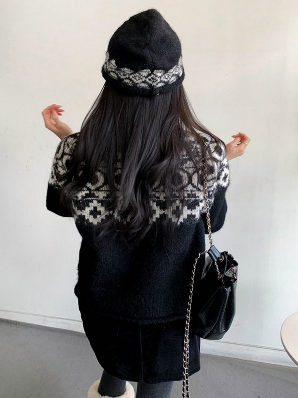 ソフトボタンラウンドネックルーズ長袖ノルディックカーディガンビーニーセット | 詳細画像5