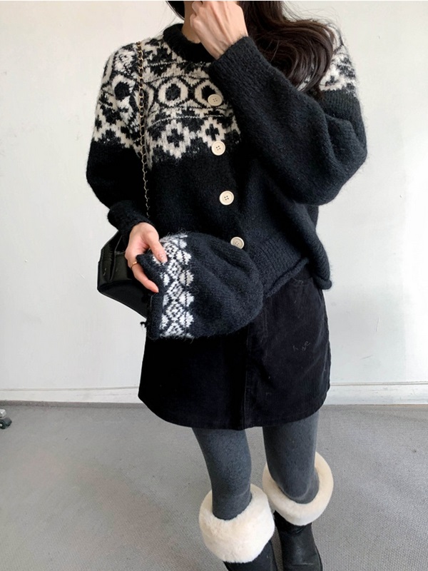 ソフトボタンラウンドネックルーズ長袖ノルディックカーディガンビーニーセット | 詳細画像4