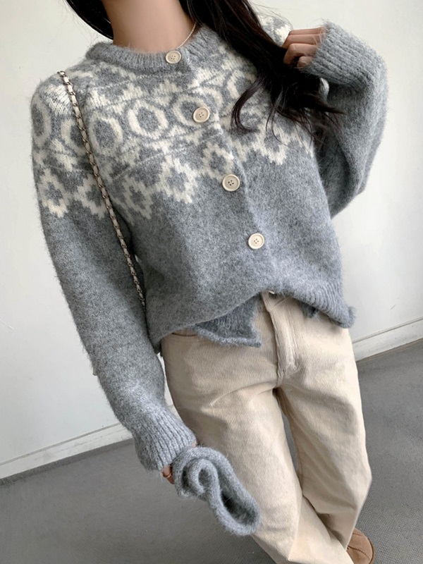 ソフトボタンラウンドネックルーズ長袖ノルディックカーディガンビーニーセット | 詳細画像7