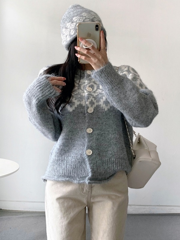 ソフトボタンラウンドネックルーズ長袖ノルディックカーディガンビーニーセット | 詳細画像2