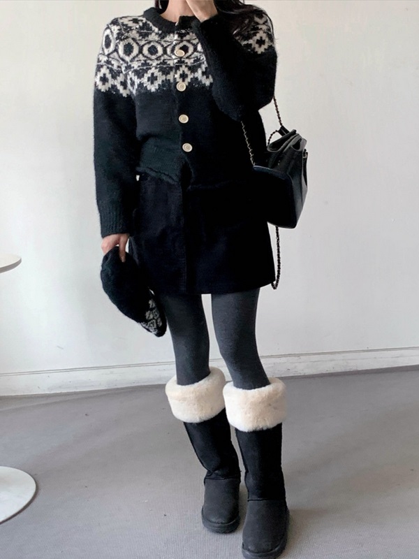 ソフトボタンラウンドネックルーズ長袖ノルディックカーディガンビーニーセット | 詳細画像6