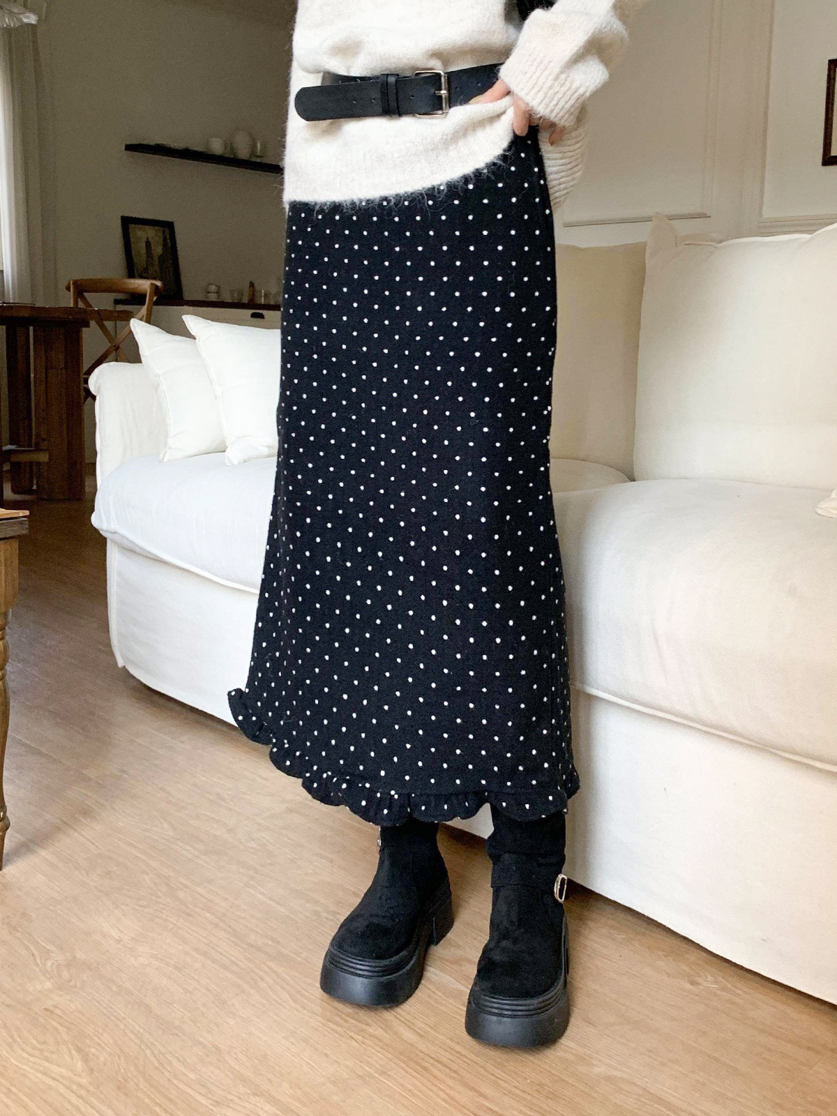 ウール混フリルスリットバックゴムIラインドットスカート | 詳細画像6