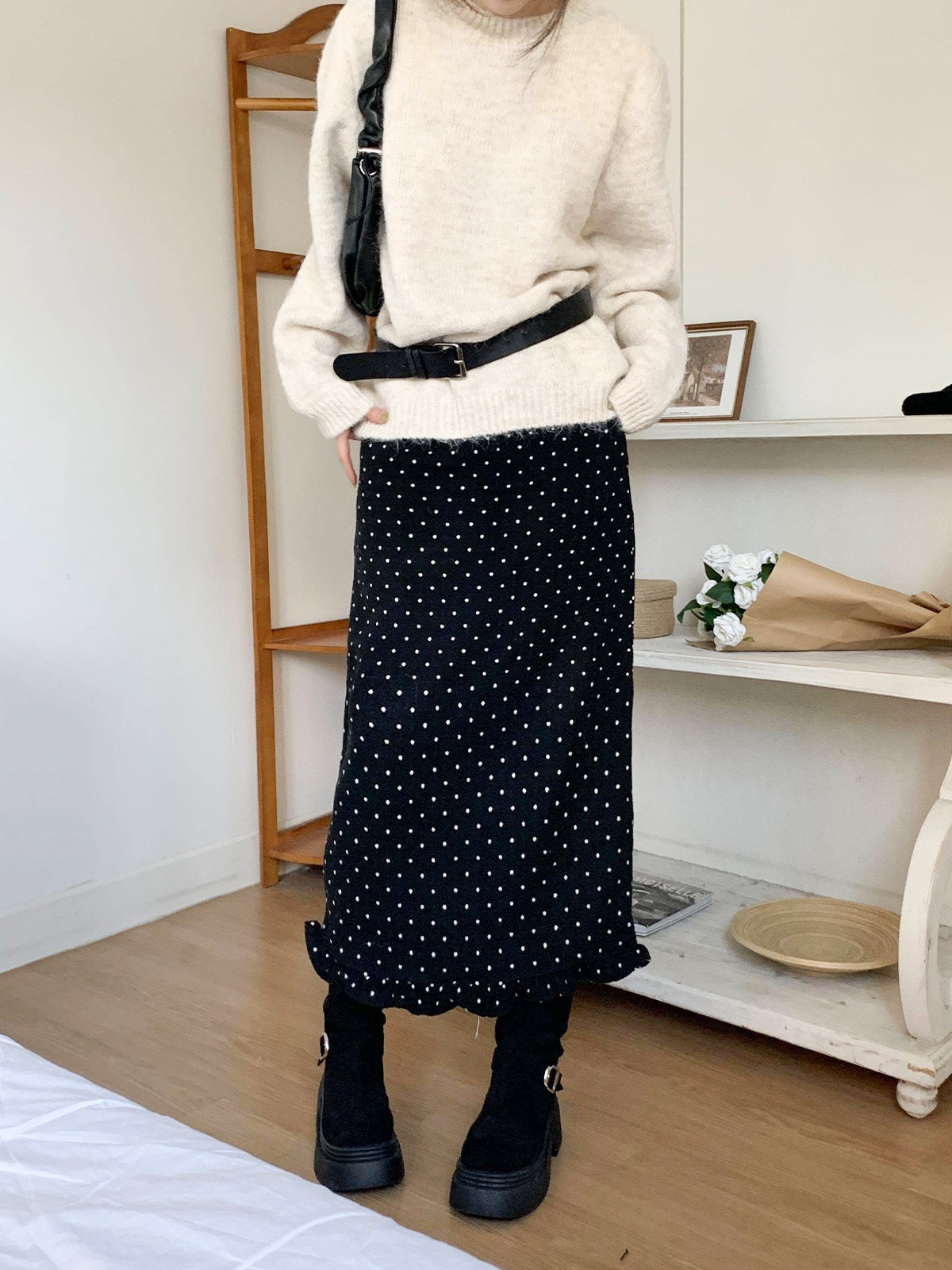 ウール混フリルスリットバックゴムIラインドットスカート | 詳細画像10