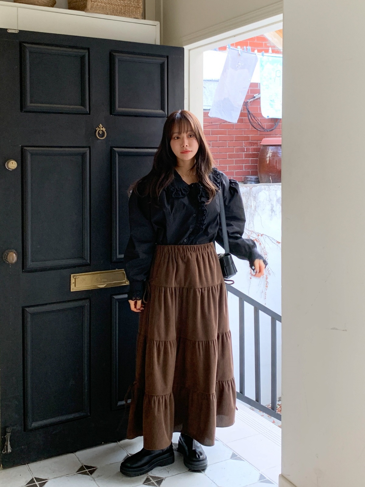 コーデュロイリボンウエストゴムロングAラインカラースカート | 詳細画像3