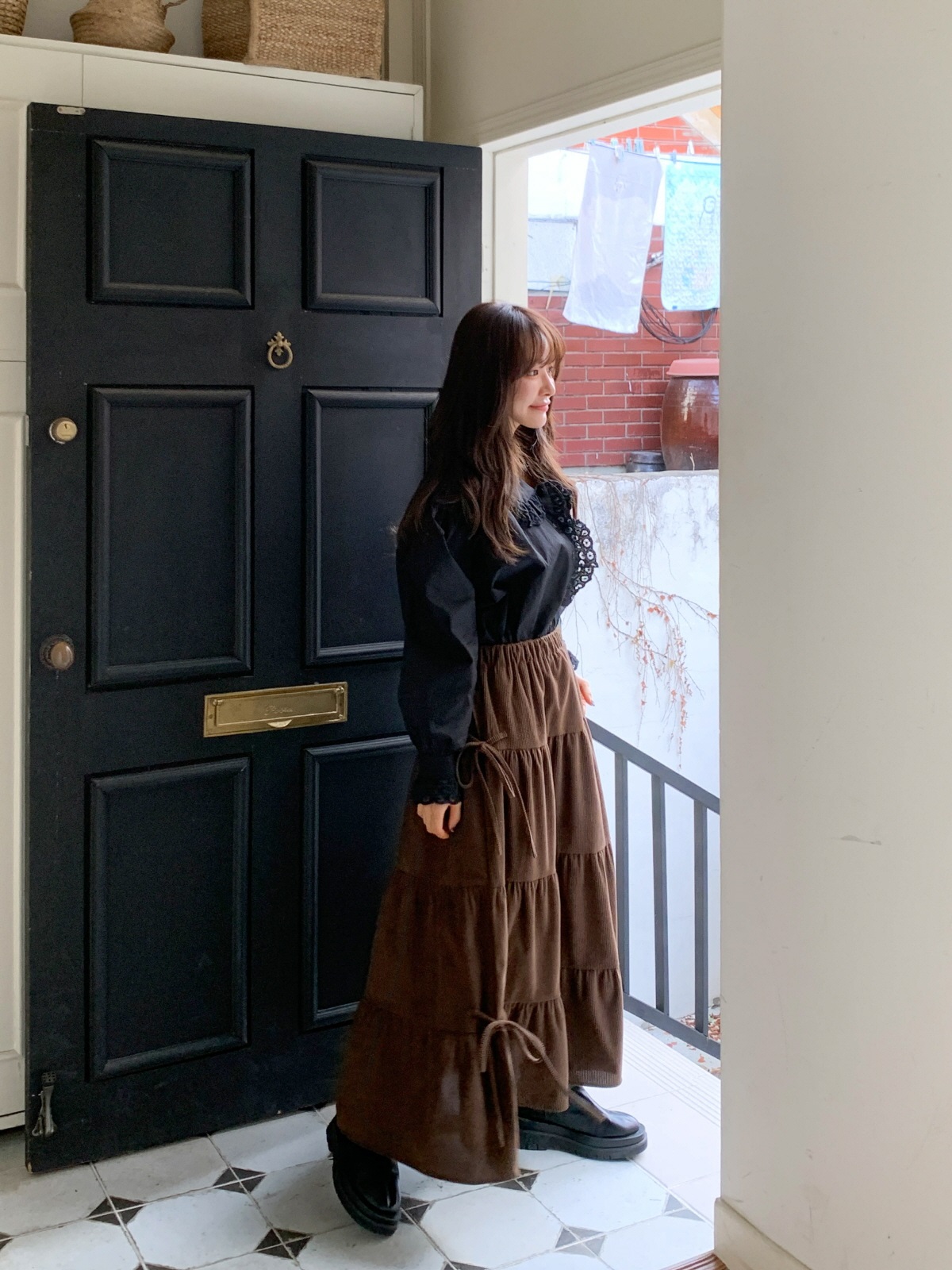 コーデュロイリボンウエストゴムロングAラインカラースカート | 詳細画像5