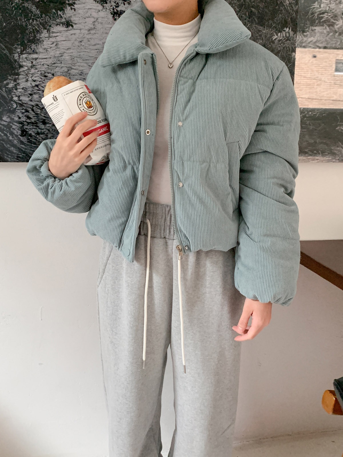 コーデュロイジップアップハイネックスナップボタンカラーダウンジャケット | 詳細画像9