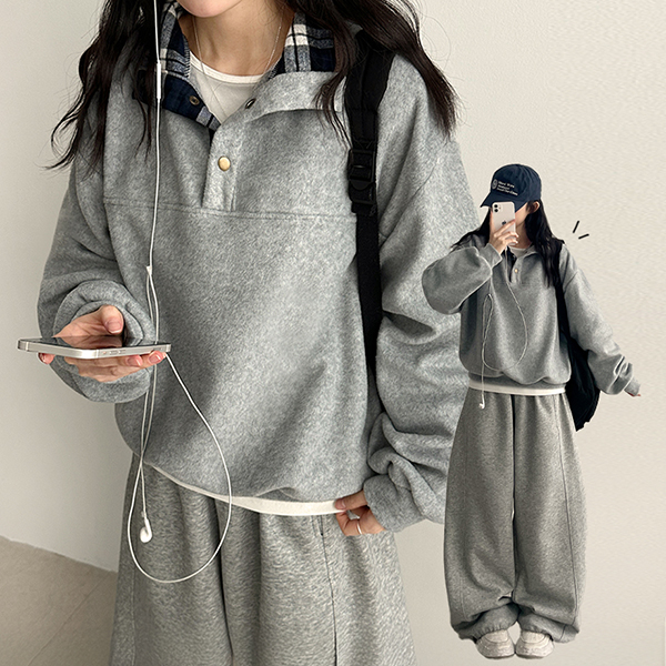 オーバーサイズスナップボタンハイネックチェック配色スウェット