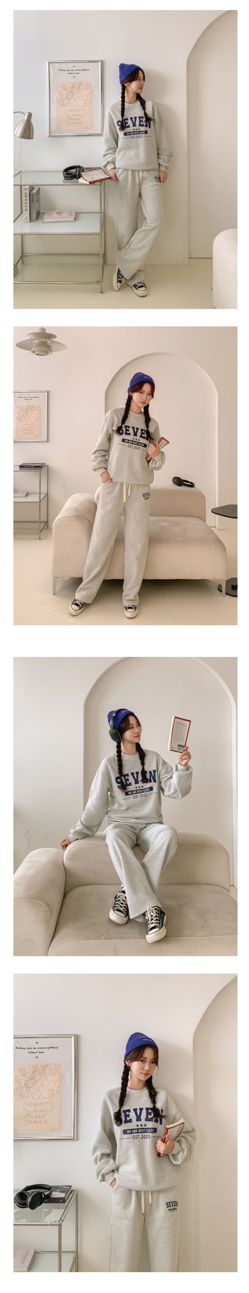 裏起毛ラウンドネックウエストゴムルーズ長袖ワイドロゴセットアップパンツスウェットトレーニング | 詳細画像3