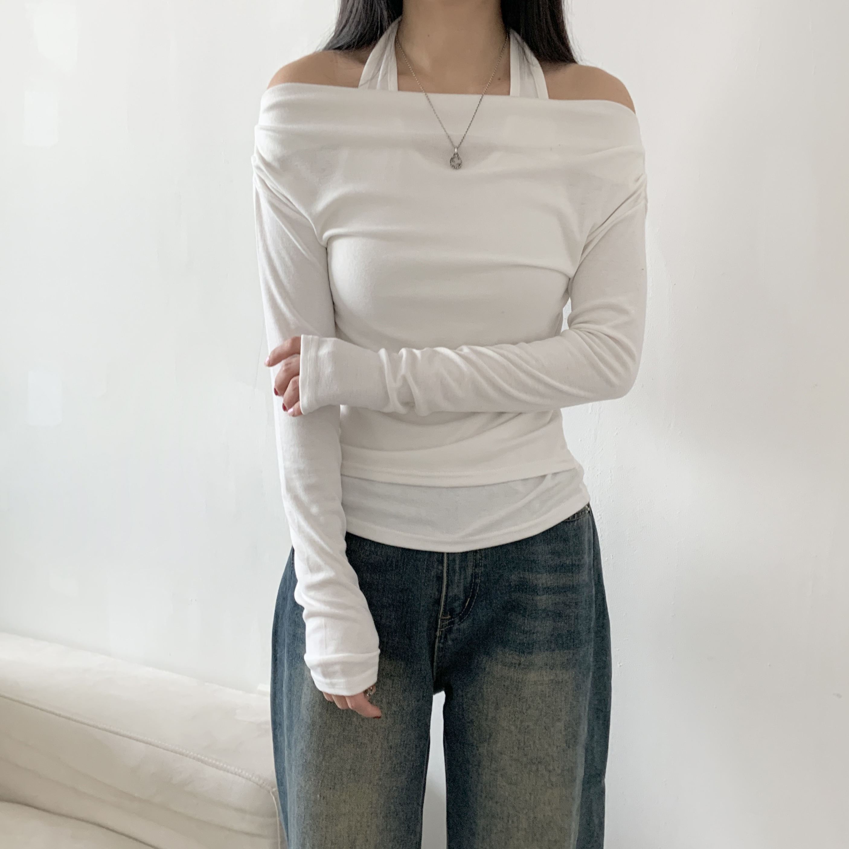 配色ホルターネックレイヤード風ルーズ長袖Tシャツ | 詳細画像7