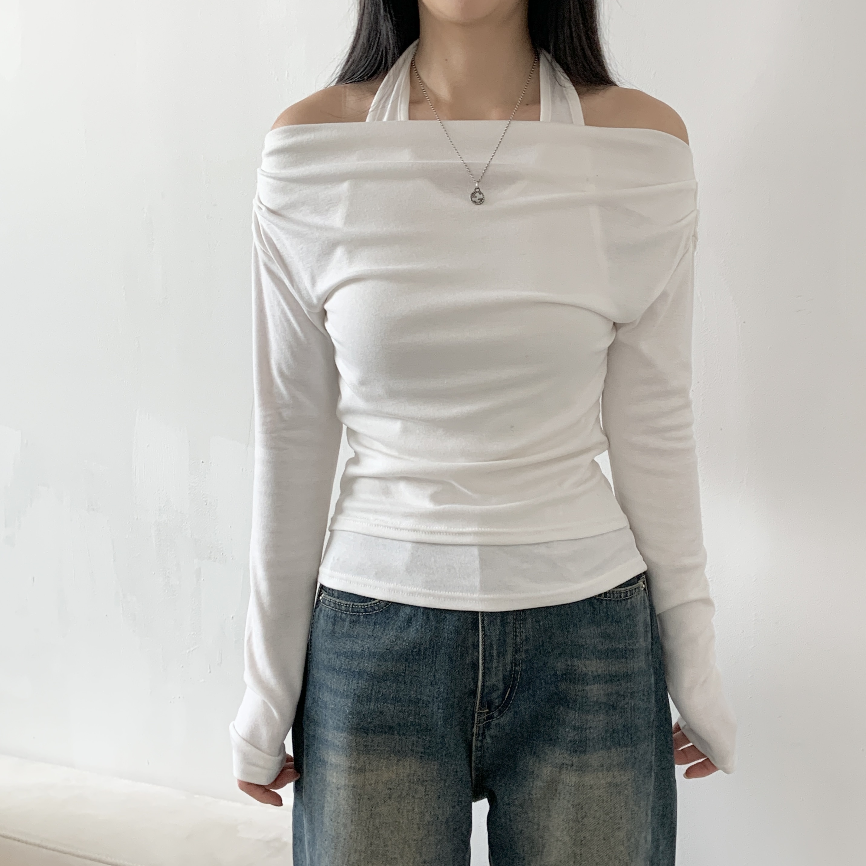 配色ホルターネックレイヤード風ルーズ長袖Tシャツ | 詳細画像2