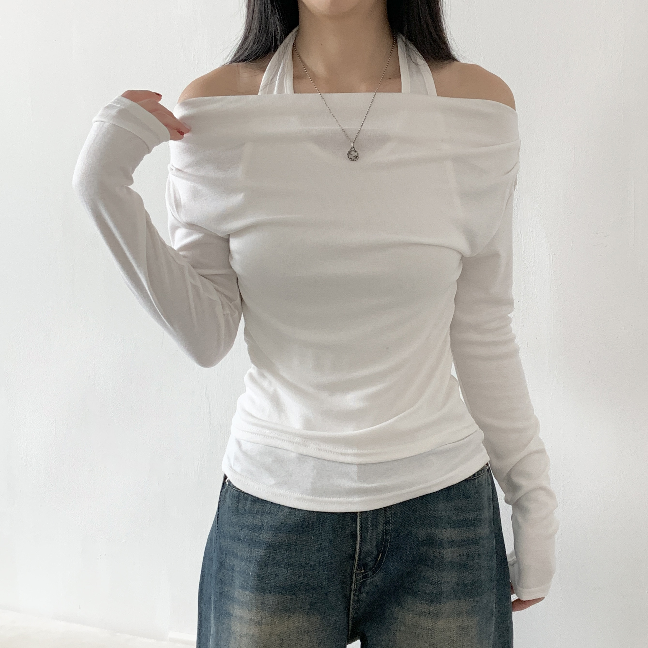 配色ホルターネックレイヤード風ルーズ長袖Tシャツ | 詳細画像6