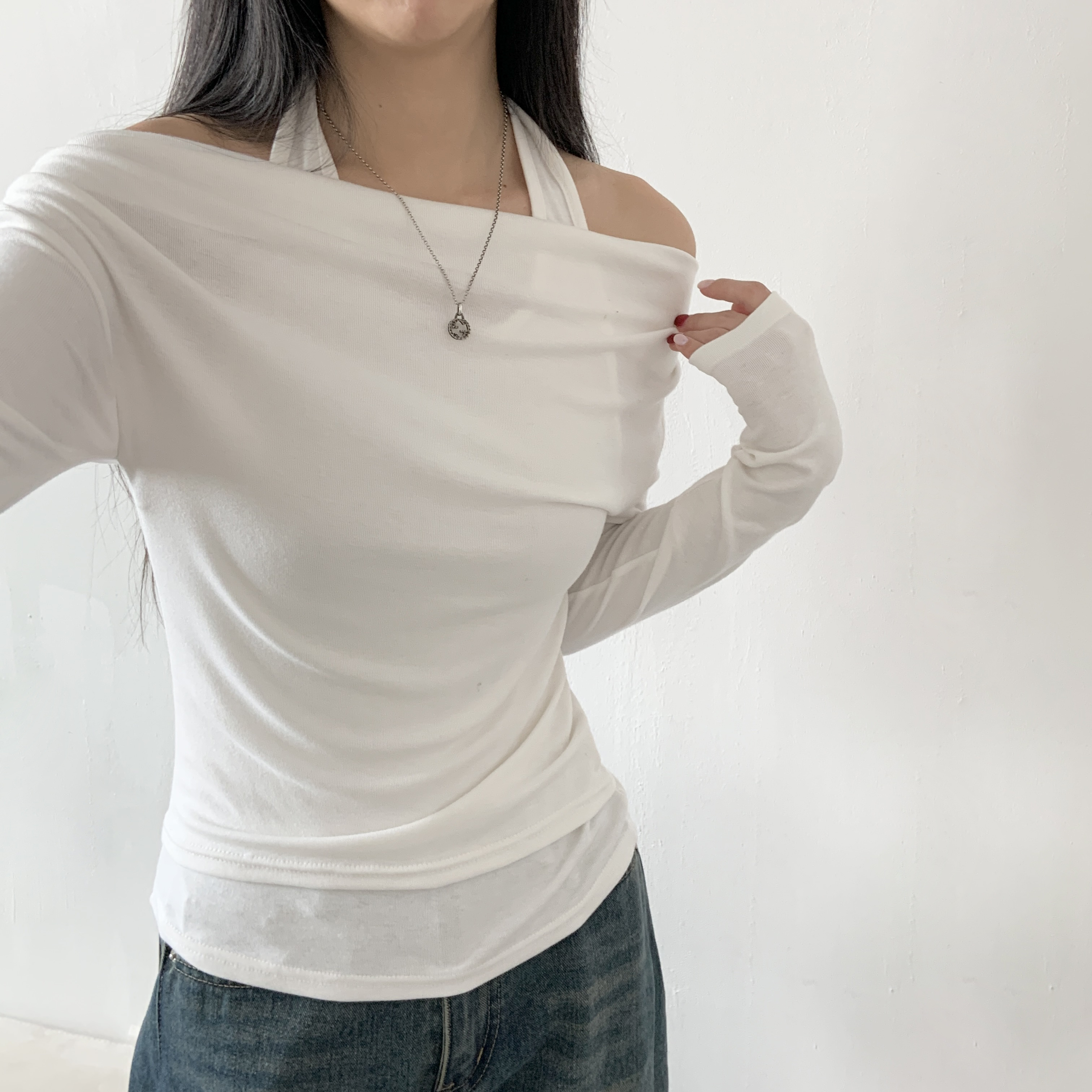 配色ホルターネックレイヤード風ルーズ長袖Tシャツ | 詳細画像3