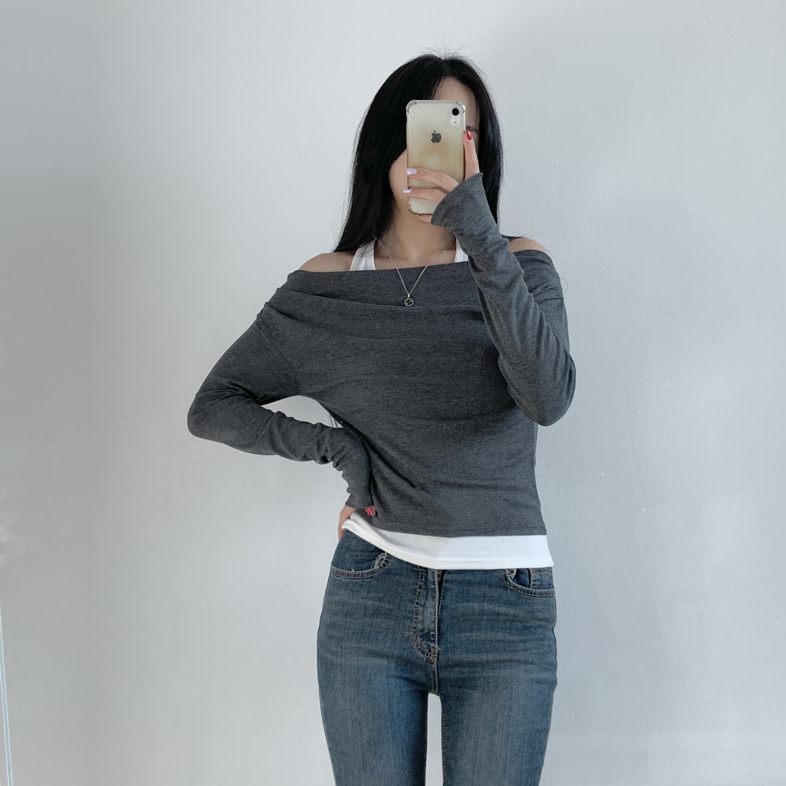 配色ホルターネックレイヤード風ルーズ長袖Tシャツ | 詳細画像9