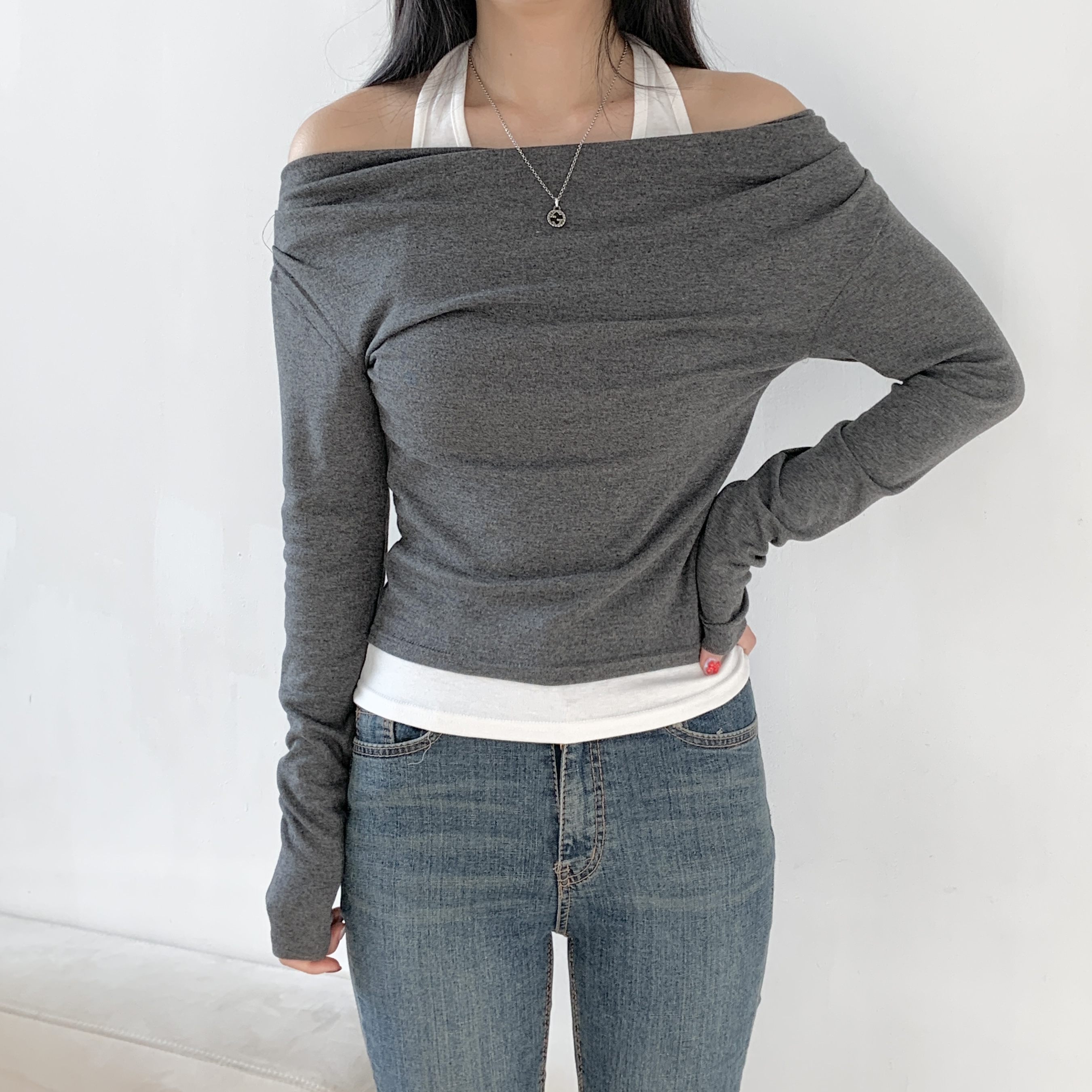 配色ホルターネックレイヤード風ルーズ長袖Tシャツ | 詳細画像8