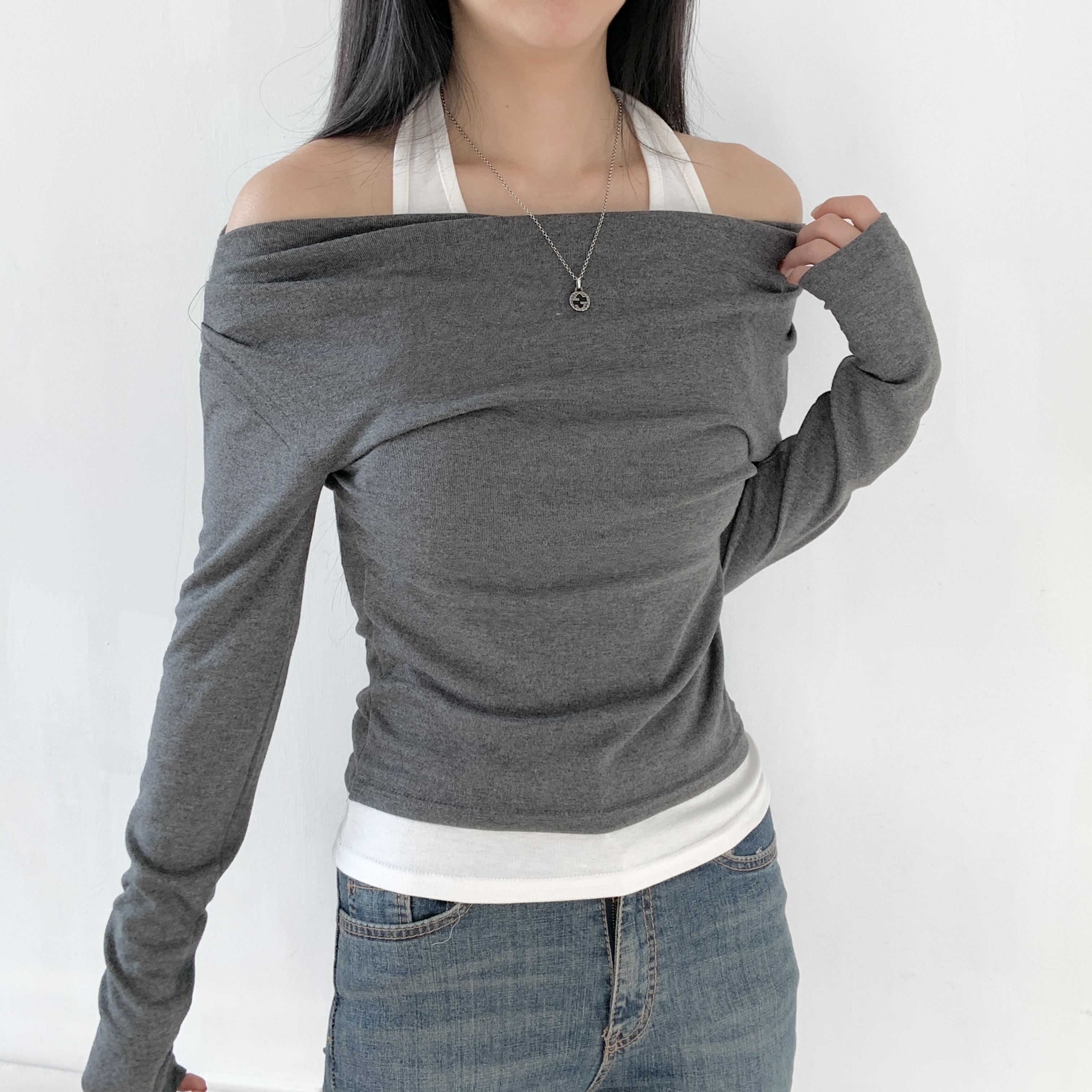 配色ホルターネックレイヤード風ルーズ長袖Tシャツ | 詳細画像10