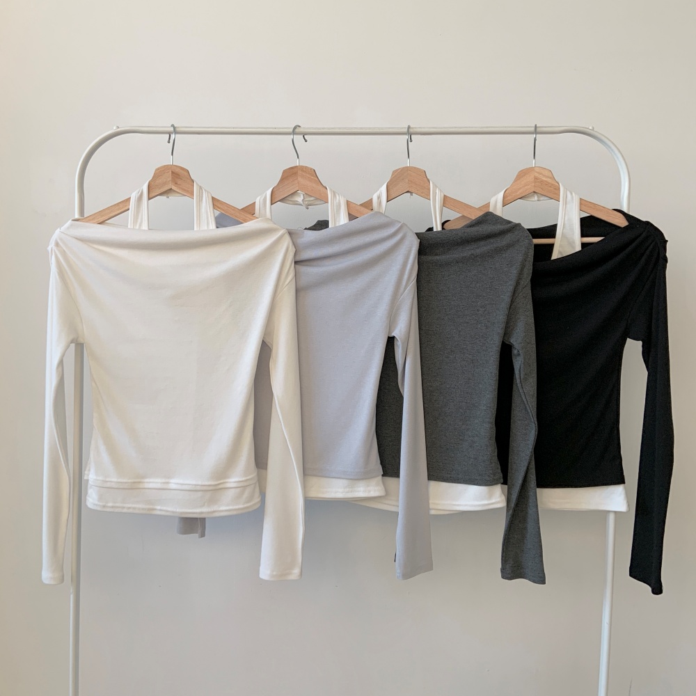 配色ホルターネックレイヤード風ルーズ長袖Tシャツ | 詳細画像11