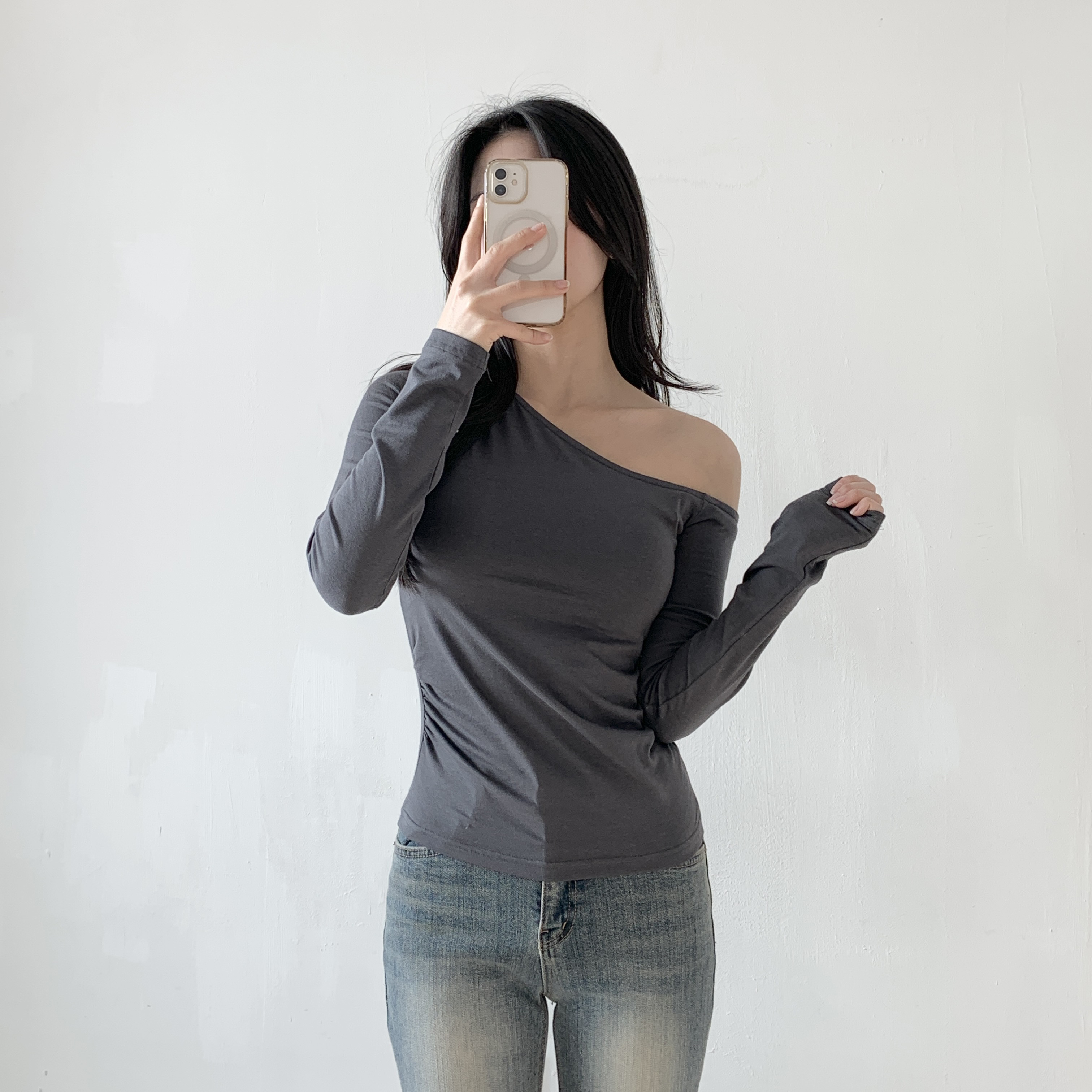 オフショルダーアンバランスネックスリム長袖Tシャツ | 詳細画像6