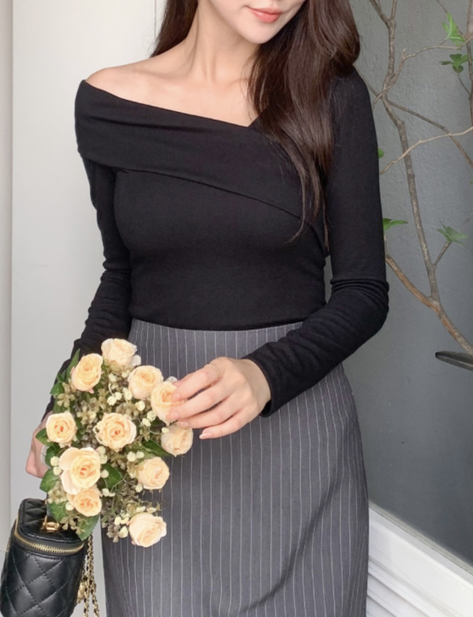 ストレッチオフショルダーワンショルダースリム長袖Tシャツ | 詳細画像8