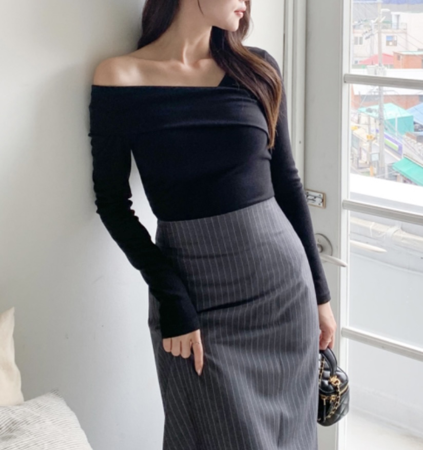 ストレッチオフショルダーワンショルダースリム長袖Tシャツ | 詳細画像10