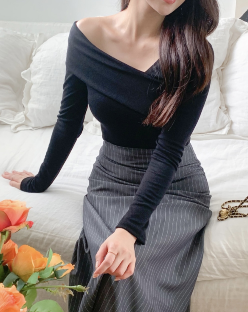 ストレッチオフショルダーワンショルダースリム長袖Tシャツ | 詳細画像4