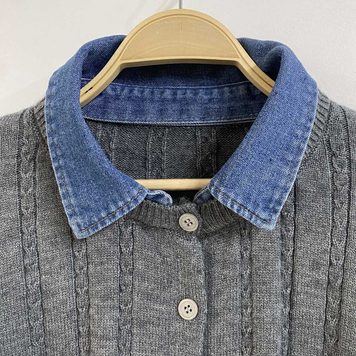 コンビデニムボタンレイヤード風長袖ケーブルカーディガン | 詳細画像18