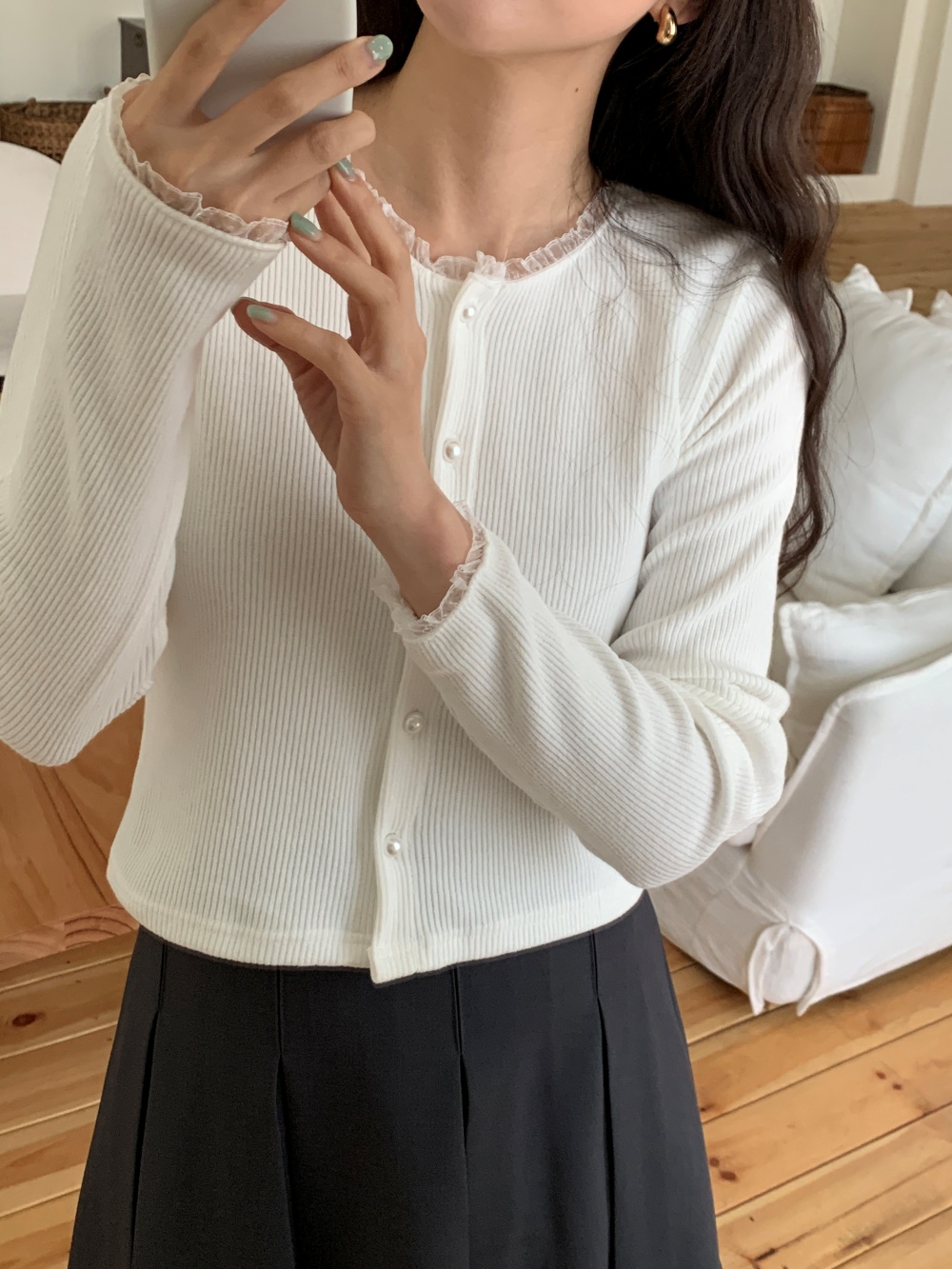 ボタンラウンドネックレースカーディガン | 詳細画像3