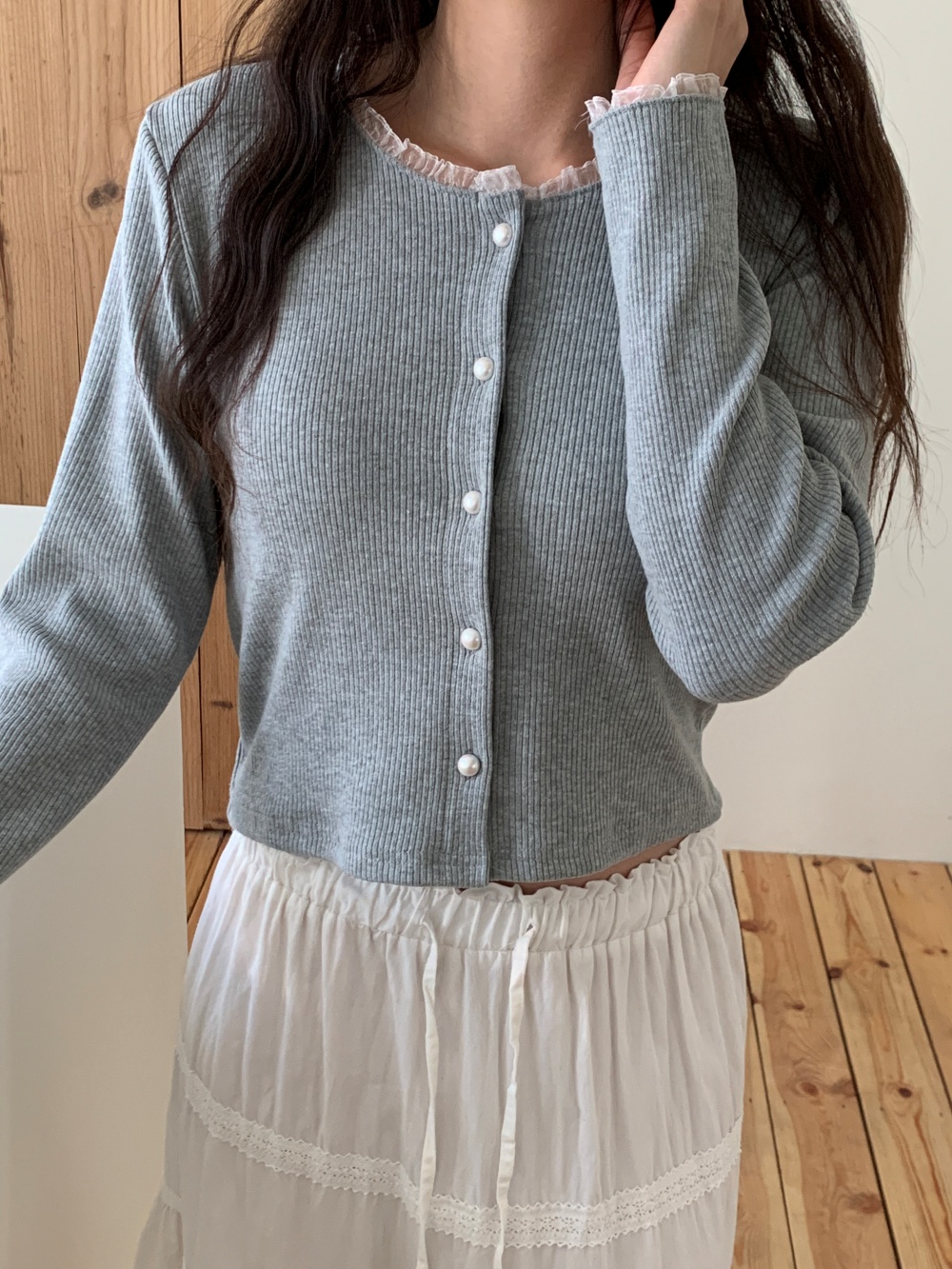 ボタンラウンドネックレースカーディガン | 詳細画像9