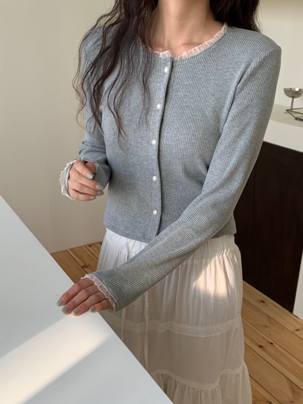 ボタンラウンドネックレースカーディガン | 詳細画像10