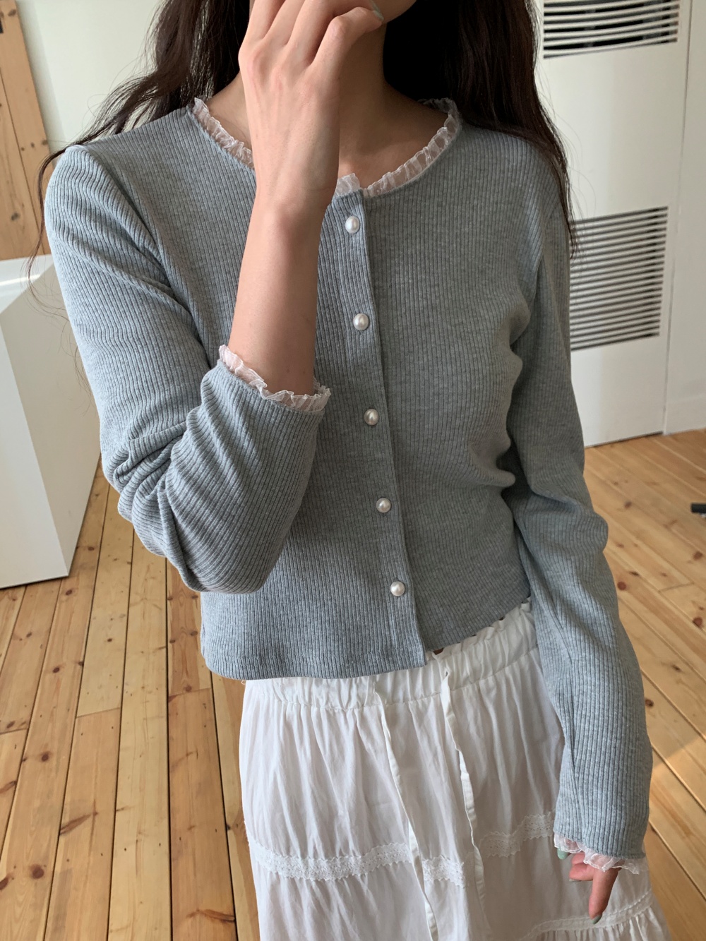 ボタンラウンドネックレースカーディガン | 詳細画像11