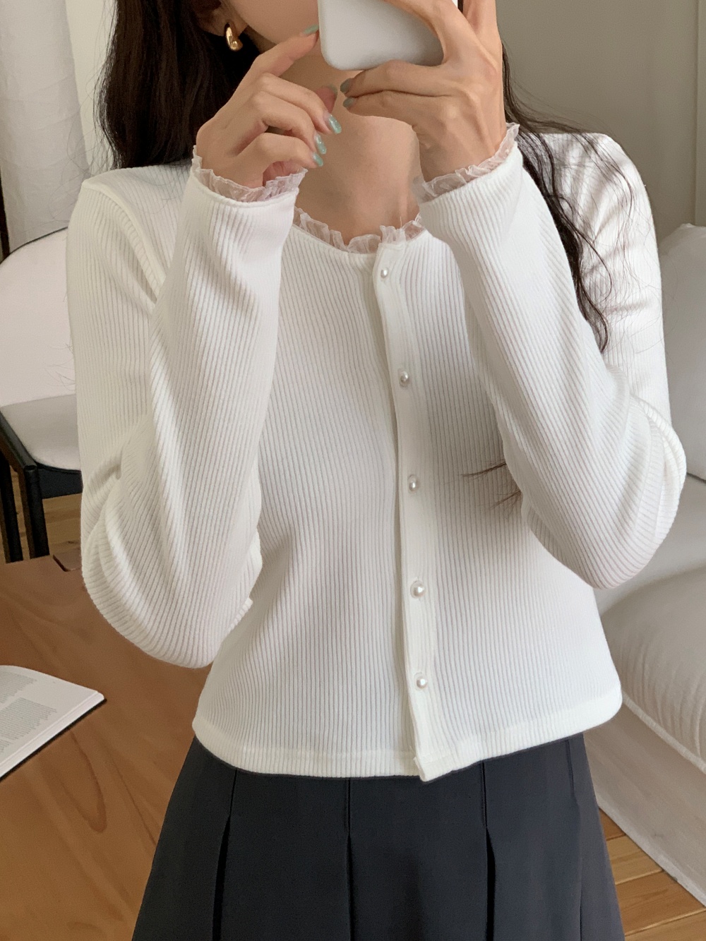 ボタンラウンドネックレースカーディガン | 詳細画像12
