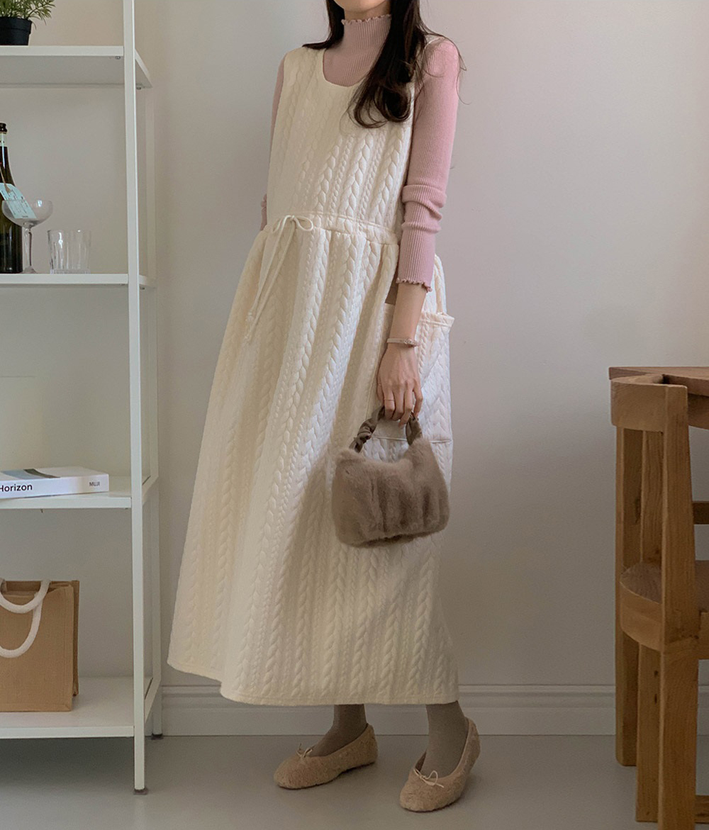 ラウンドネックドローストリングポケットロングケーブルワンピース | 詳細画像2