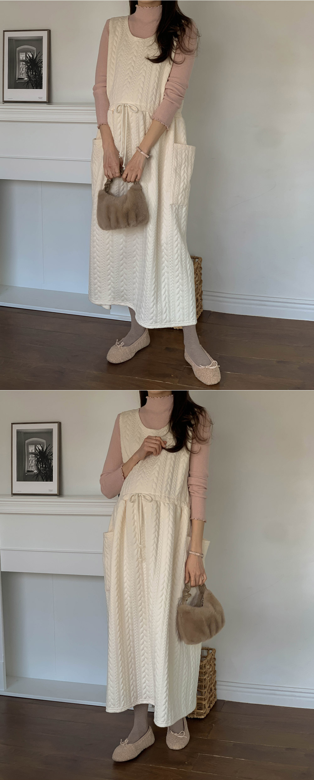 ラウンドネックドローストリングポケットロングケーブルワンピース | 詳細画像6