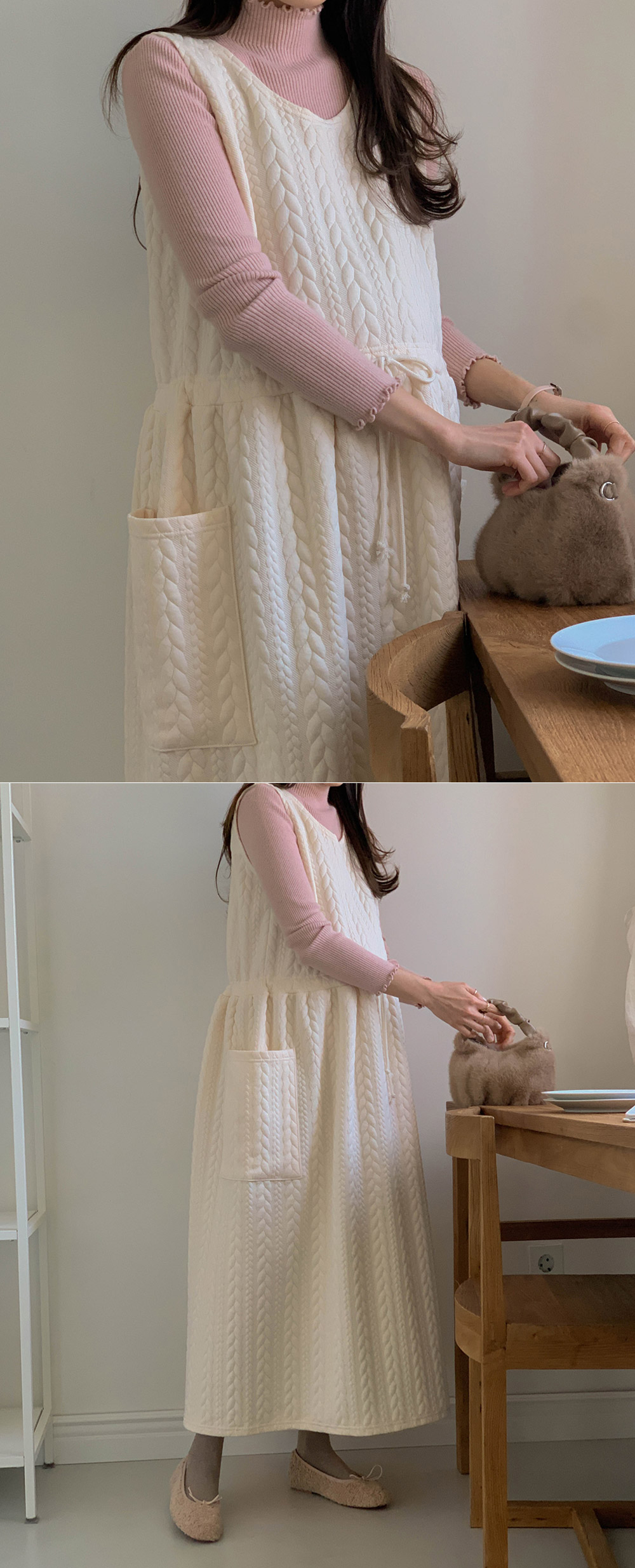 ラウンドネックドローストリングポケットロングケーブルワンピース | 詳細画像8