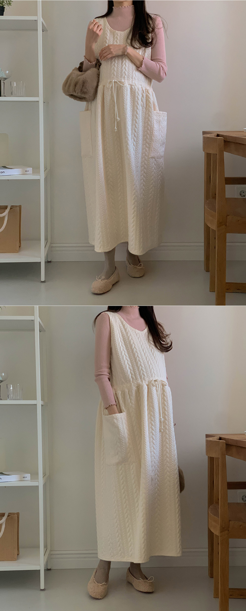 ラウンドネックドローストリングポケットロングケーブルワンピース | 詳細画像9