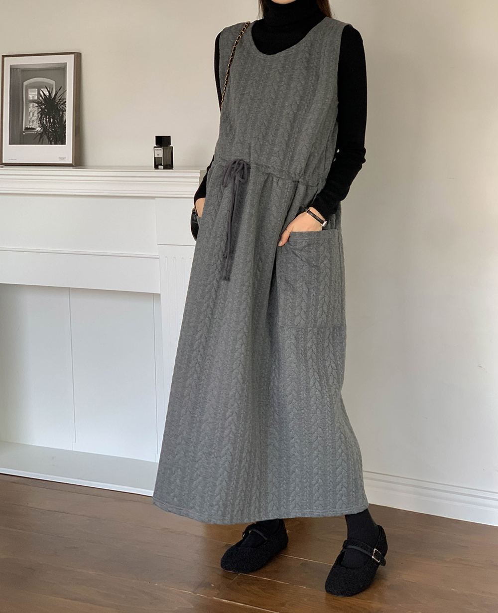 ラウンドネックドローストリングポケットロングケーブルワンピース | 詳細画像10