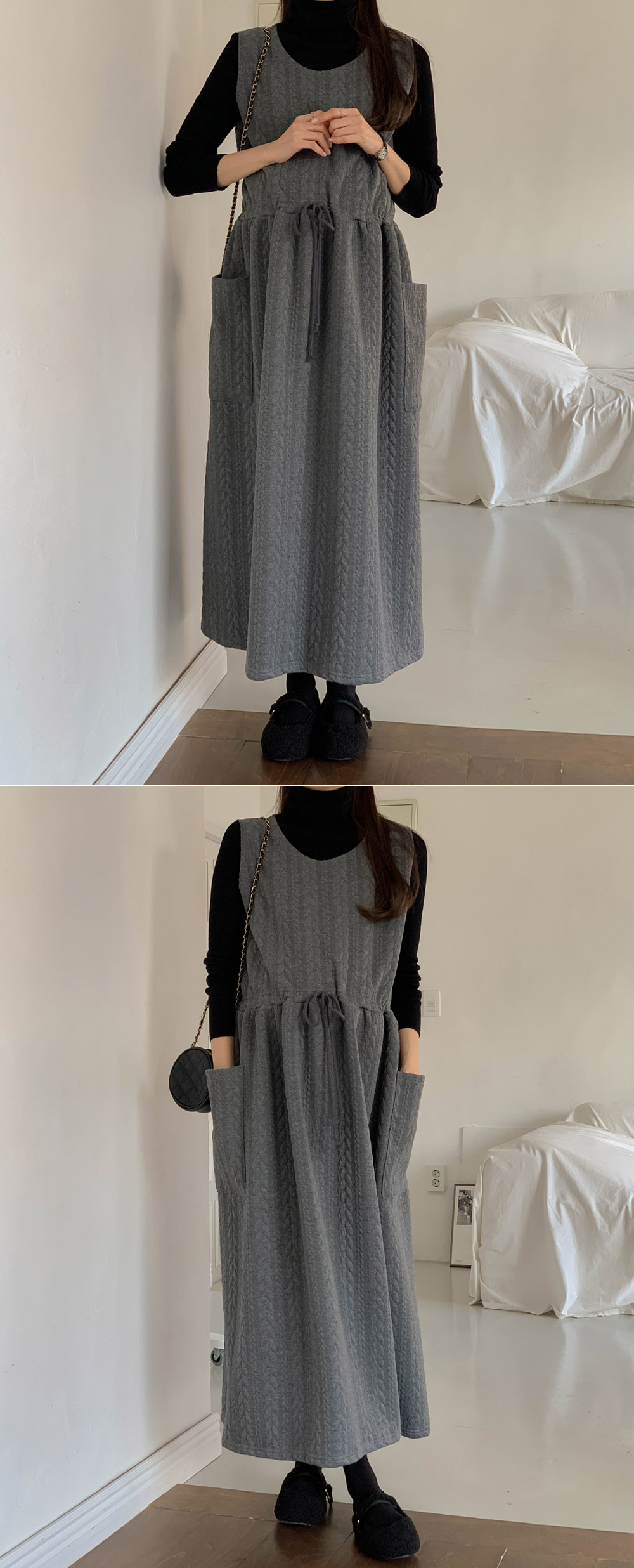 ラウンドネックドローストリングポケットロングケーブルワンピース | 詳細画像11