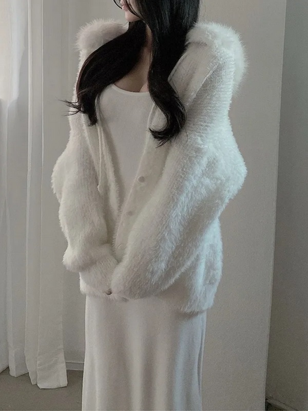 エコファーボタンフードドローストリングポケットカーディガン | 詳細画像3