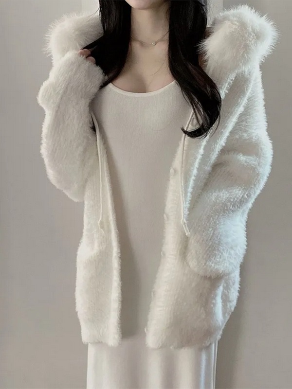 エコファーボタンフードドローストリングポケットカーディガン | 詳細画像9