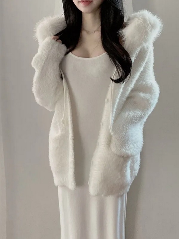 エコファーボタンフードドローストリングポケットカーディガン | 詳細画像4