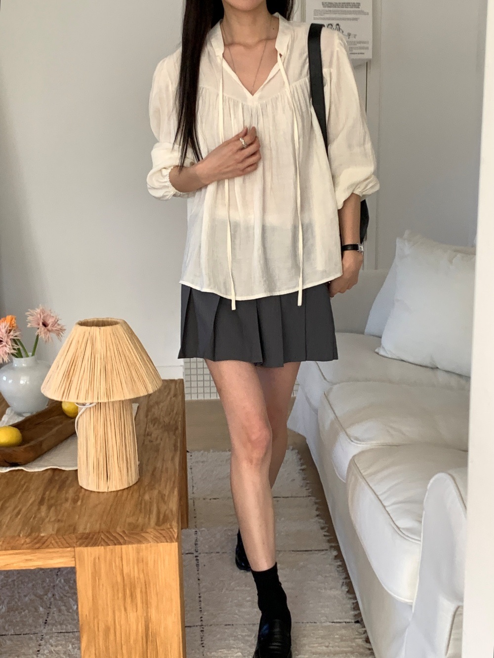 リボンシャーリングオープンカラーブラウス | 詳細画像6