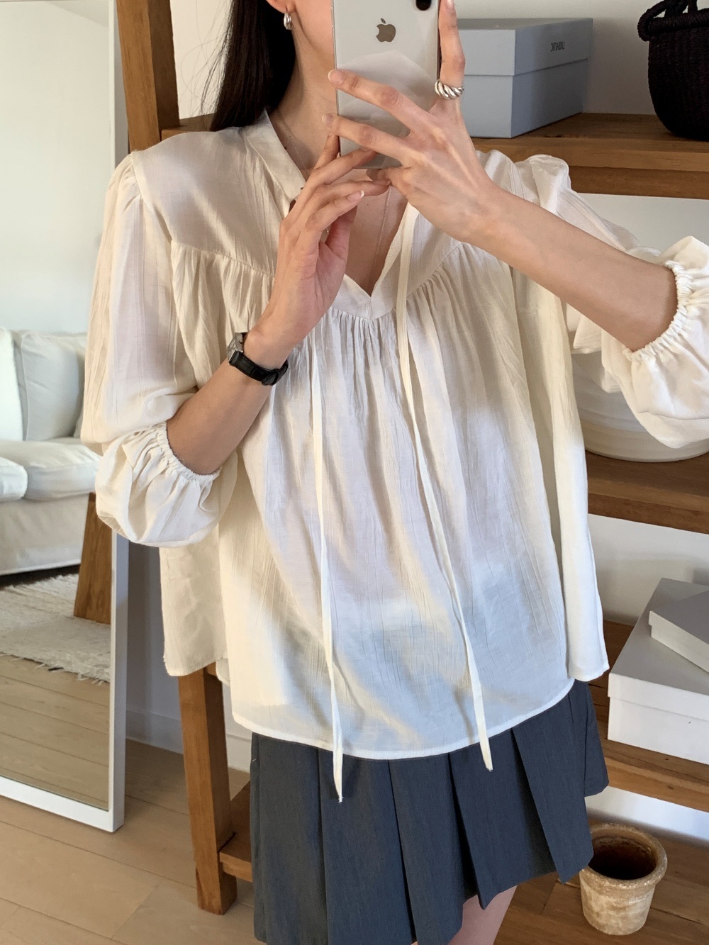 リボンシャーリングオープンカラーブラウス | 詳細画像12