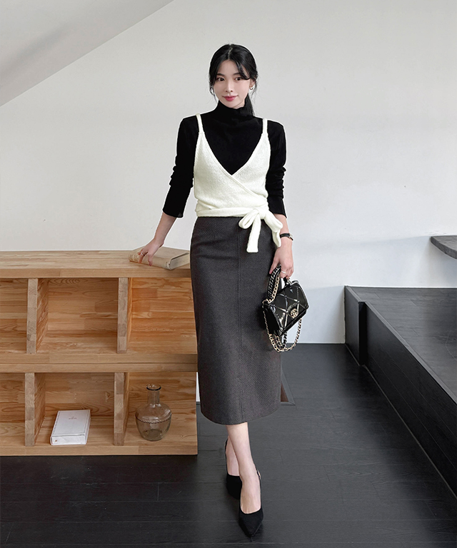 ウール混フェイクポケットスリットスリムジップアップHライン(ロング丈