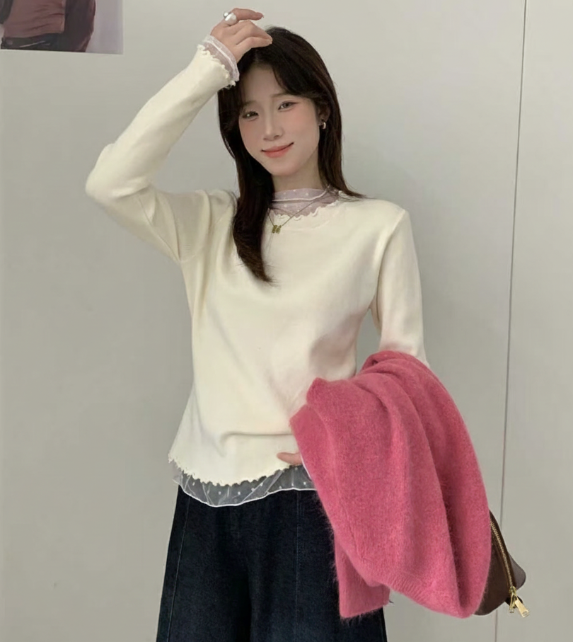 シースルーコンビスリムレイヤード風長袖ドットニット | 詳細画像2