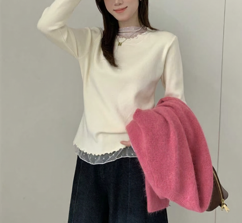 シースルーコンビスリムレイヤード風長袖ドットニット | 詳細画像3