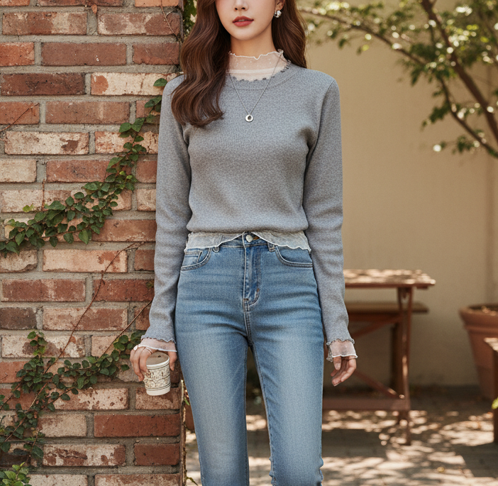 シースルーコンビスリムレイヤード風長袖ドットニット | 詳細画像7