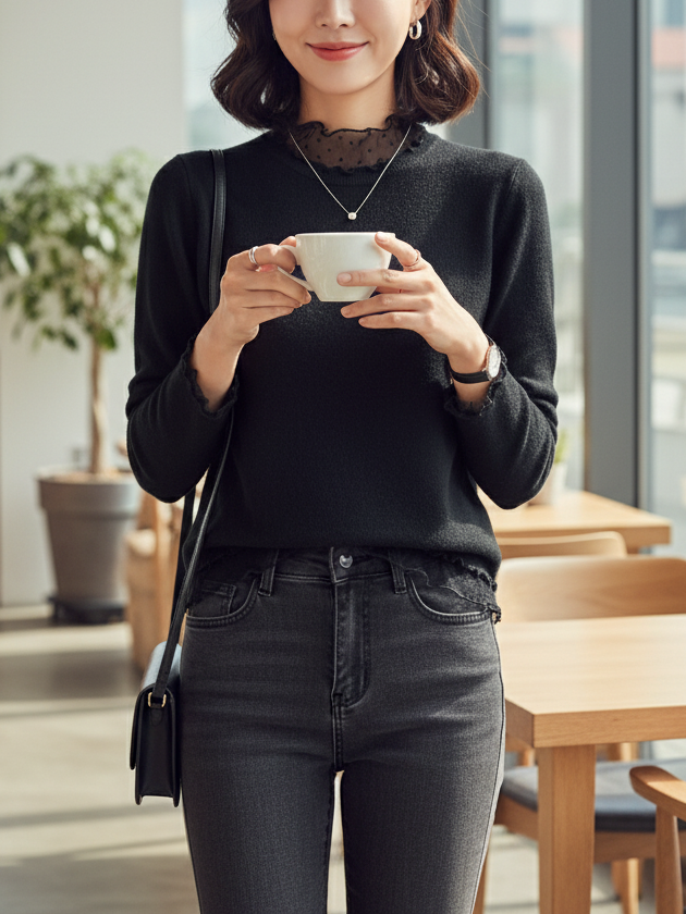 シースルーコンビスリムレイヤード風長袖ドットニット | 詳細画像4